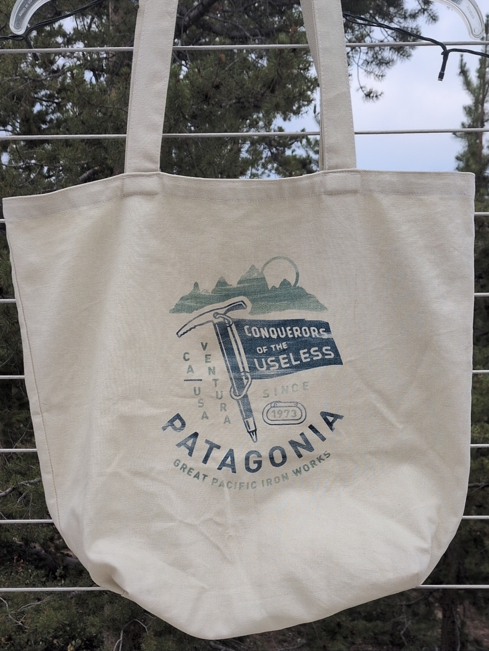 Patagonia Canvas Tote Bag in Cream with Blue Graphic